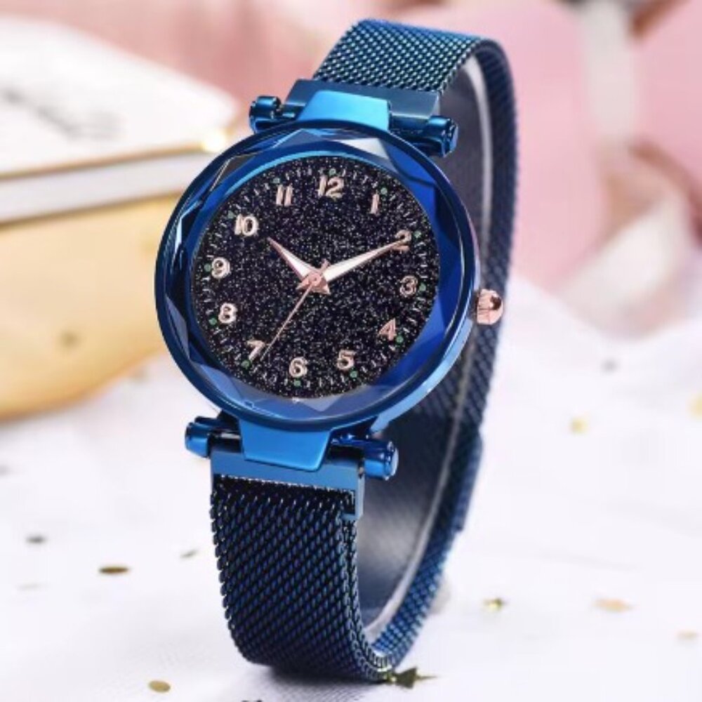 Starry Sky Watch - Blue, Black Sparkle Face, Large Number Time Markers